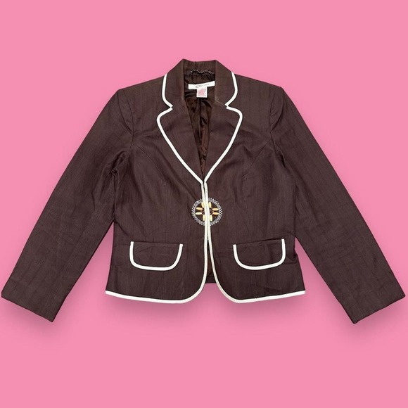 Nine West Company Y2k Brown Pinstripe Lined Beaded Embroidered Blazer Size 8 - Picture 1 of 7